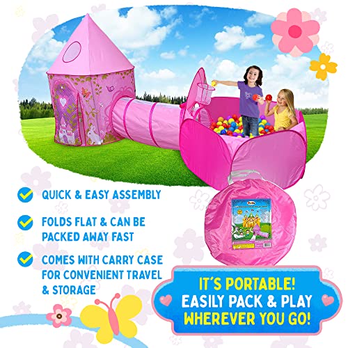 Playz 3pc Girls Princess Fairy Tale Castle Play Tent, Crawl Tunnel & Ball Pit w/ Pink Prairie Design - Foldable for Indoor & Outdoor Use w/ Zipper Storage Case