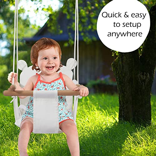 Secure Baby Swing Seat with Safety Belt - Baby Canvas and Wooden Swing Chair with Ear DÃ©cor Cushion - Indoor Swing for Infants & Baby Swing Outdoor - Tree Toddler Swing for Backyard Outside, White