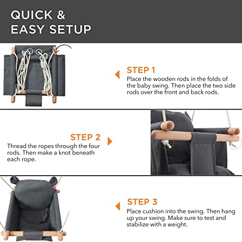 Secure Baby Swing Seat with Safety Belt - Baby Canvas and Wooden Swing Chair with Ear DÃ©cor Cushion - Hanging Indoor Swing for Infants & Baby Swing Outdoor - Tree Toddler Swing for Backyard Outside