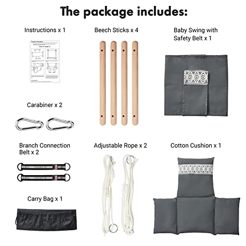 Secure Baby Swing Seat with Safety Belt - Baby Canvas and Wooden Swing Chair with Lace DÃ©cor Cushion - Hanging Indoor Swing for Infants & Baby Swing Outdoor - Tree Toddler Swing for Backyard Outside