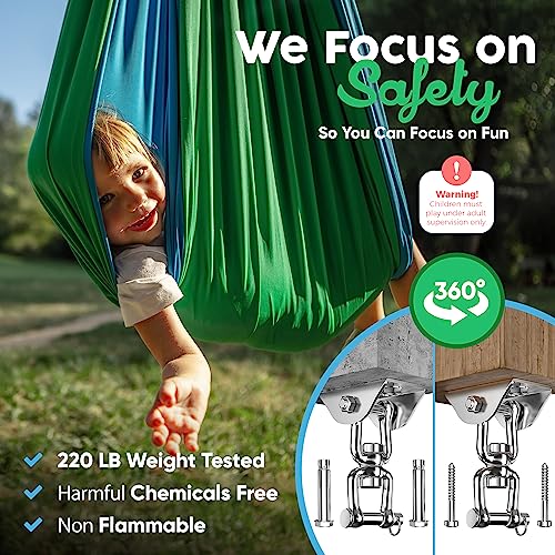 Sensory Swing Indoor Outdoor + 360° Swivel Hanger - Solid Indoor Swing for Kids & Adults - Helps with Sensory Processing Disorder, Autism, ADHD - Convertible Therapy Swing Great for Calming & Playing