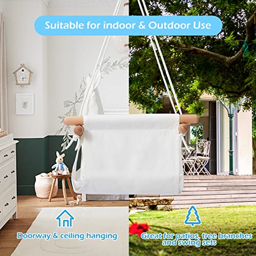 Secure Baby Swing Seat with Safety Belt - Baby Canvas and Wooden Swing Chair with Ear DÃ©cor Cushion - Indoor Swing for Infants & Baby Swing Outdoor - Tree Toddler Swing for Backyard Outside, White