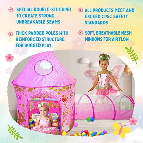Playz 3pc Girls Princess Fairy Tale Castle Play Tent, Crawl Tunnel & Ball Pit w/ Pink Prairie Design - Foldable for Indoor & Outdoor Use w/ Zipper Storage Case