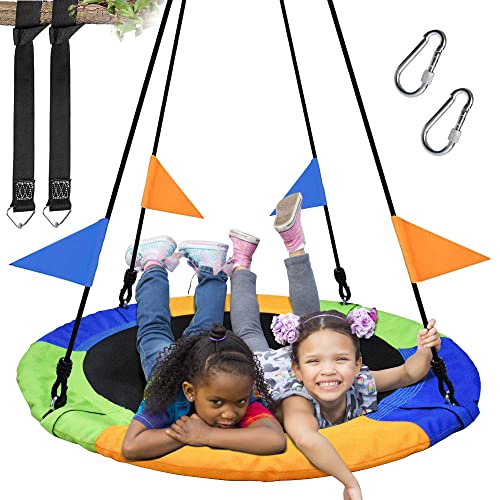 PACEARTH 40 Inch Saucer Tree Swing Flying 660lb Weight Capacity 2 Added Hanging Straps Adjustable Multi-Strand Ropes Colorful Safe and Durable Swing Seat for Children Adults