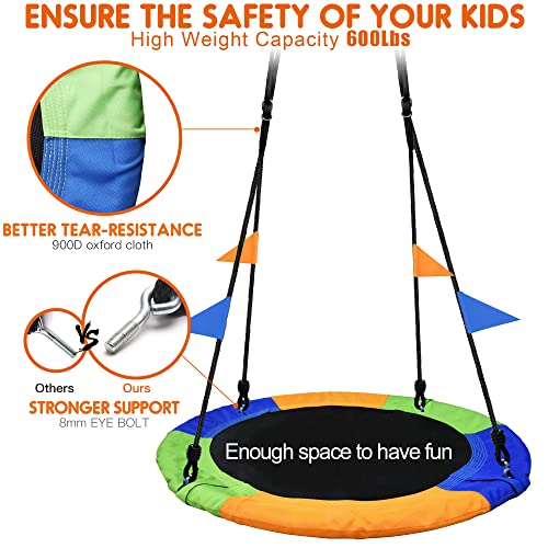 PACEARTH 40 Inch Saucer Tree Swing Flying 660lb Weight Capacity 2 Added Hanging Straps Adjustable Multi-Strand Ropes Colorful Safe and Durable Swing Seat for Children Adults