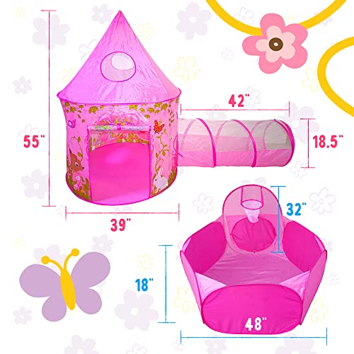 Playz 3pc Girls Princess Fairy Tale Castle Play Tent, Crawl Tunnel & Ball Pit w/ Pink Prairie Design - Foldable for Indoor & Outdoor Use w/ Zipper Storage Case