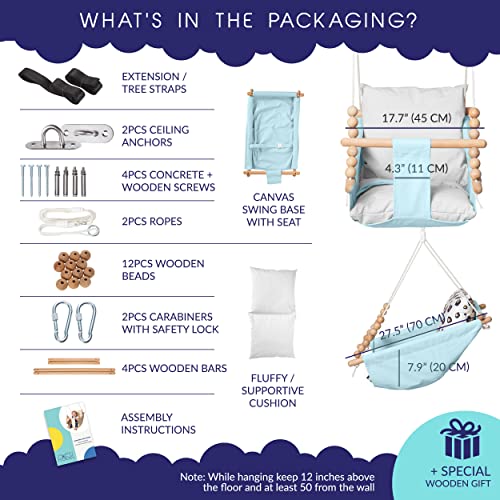 Outdoor and Indoor Baby Hammock Swing Seat by Frobel - Canvas Boho Hanging Baby Swing for Baby to Toddler 1 Year to 4 Years Old, Hanging Kit and Anchor Included, Safe and Secure, Blue