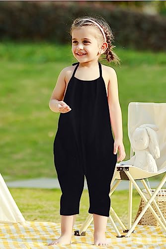 RAISEVERN Baby Girl Jumpsuit Halter Toddler Black Romper Summer Sleeveless Strap Plain Pants Newborn Jumpers Beach Hawaiian Overalls Clothes with Pocket 1-2T