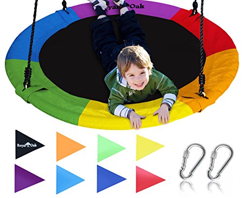 Saucer Tree Swing ,Giant 40 Inches with Carabiners and Flags, 700 lb Weight Capacity, Steel Frame, Waterproof, Easy to Install with Step by Step Instructions, Non-Stop Fun! (Rainbow)