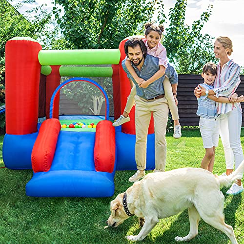 PicassoTiles KC106 8x7 Foot Junior Inflatable Bouncer, Jumping Bouncing House, Jump Slide Playhouse w/ 50 Pit Balls, 3 Sides Mesh Protection, and Heavy-Duty GFCI ETL Certified 385W Blower