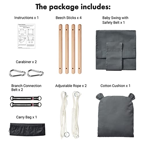 Secure Baby Swing Seat with Safety Belt - Baby Canvas and Wooden Swing Chair with Ear DÃ©cor Cushion - Hanging Indoor Swing for Infants & Baby Swing Outdoor - Tree Toddler Swing for Backyard Outside