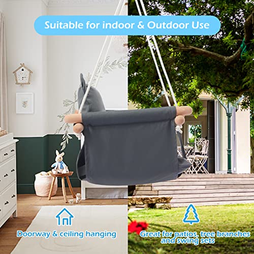 Secure Baby Swing Seat with Safety Belt - Baby Canvas and Wooden Swing Chair with Ear DÃ©cor Cushion - Hanging Indoor Swing for Infants & Baby Swing Outdoor - Tree Toddler Swing for Backyard Outside