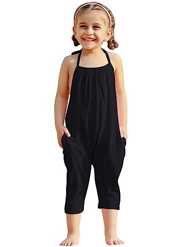 RAISEVERN Baby Girl Jumpsuit Halter Toddler Black Romper Summer Sleeveless Strap Plain Pants Newborn Jumpers Beach Hawaiian Overalls Clothes with Pocket 1-2T