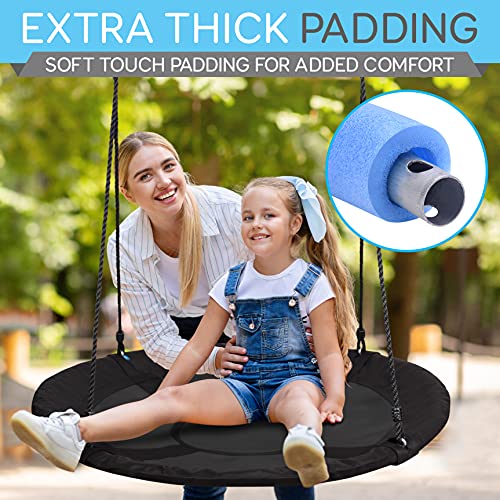 Outdoor Spinner Saucer Tree Swing - Hanging Tree Round Circular Flying Saucer in Rope Straps w/ Cushion Padded Metal Frame, Polyester Fabric Seat, Great for Kids, Adult - SereneLife SLSWNG100