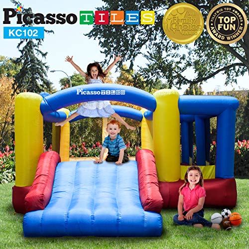PicassoTiles [Upgrade Version] KC102 12x10 Foot Inflatable Bouncer Jumping Bouncing House, Jump Slide, Dunk Playhouse w/ Basketball Rim, 4 Sports Balls, Full-Size Entry, 580W ETL Certified Blower