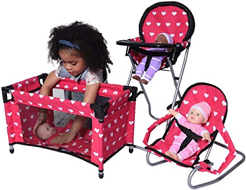 New York Doll Collection Dolls Mega Play set with Dolls High Chair, 3-1 Doll Bouncer and Pack N Play Red-color for 18-inch Dolls