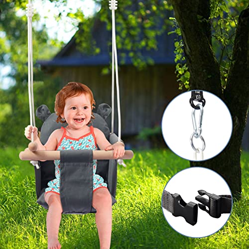 Secure Baby Swing Seat with Safety Belt - Baby Canvas and Wooden Swing Chair with Ear DÃ©cor Cushion - Hanging Indoor Swing for Infants & Baby Swing Outdoor - Tree Toddler Swing for Backyard Outside