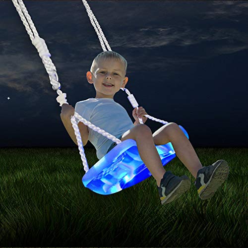 OMNISAFE Kids LED Tree Swing, Plastic Swing Seat with Adjustable Rope, Playground Swing Set Accessories for Indoor Outdoor, Included 24 Bright LED Lights and 4 Strobe Modes (1 Pack)