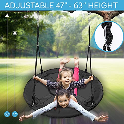 Outdoor Spinner Saucer Tree Swing - Hanging Tree Round Circular Flying Saucer in Rope Straps w/ Cushion Padded Metal Frame, Polyester Fabric Seat, Great for Kids, Adult - SereneLife SLSWNG100