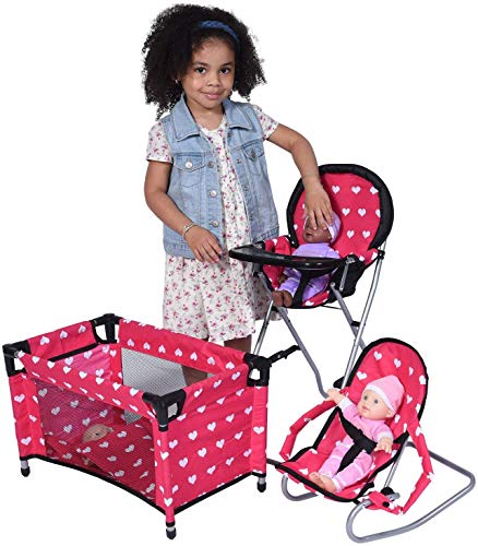 New York Doll Collection Dolls Mega Play set with Dolls High Chair, 3-1 Doll Bouncer and Pack N Play Red-color for 18-inch Dolls