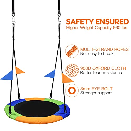 PACEARTH 40 Inch Saucer Tree Swing Flying 660lb Weight Capacity 2 Added Hanging Straps Adjustable Multi-Strand Ropes Colorful Safe and Durable Swing Seat for Children Adults
