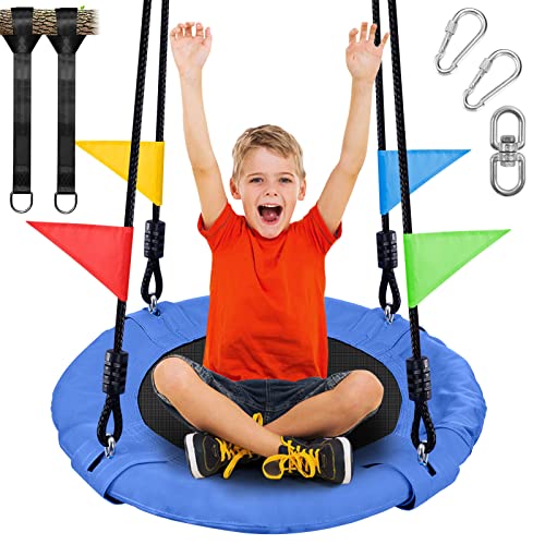 Odoland 24 inch Children Tree Swing SwingSeat, Outdoor Saucer Rope Swing Platform Swing for Kid, Round Swingset wirh Adjustable Hanging Ropes for Indoor, Backyard and Playground Blue