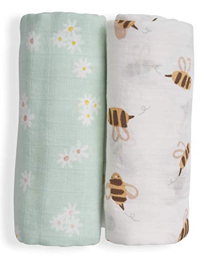 Nightingale Baby Swaddle Blankets - Organic Bamboo Muslin Swaddle Blankets Unisex - Silky Soft, Lightweight, Breathable, Large 47 x 47 in, 70% Bamboo/30% Cotton - 2 Pack (Daisy/Bee)