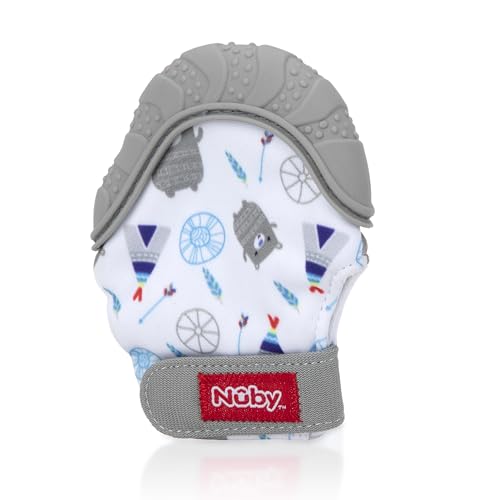 Nuby Soothing Teething Mitten with Hygienic Travel Bag, Grey, 1 Count