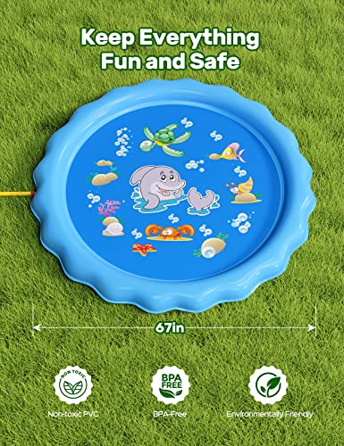 QPAU Splash Pad, 68" Sprinkler for Kids Dogs, Kiddie Baby Shallow Pool,Outside Toys Water Toys for Kids, Outdoor Toys for Toddlers Age 3-5 (Blue)