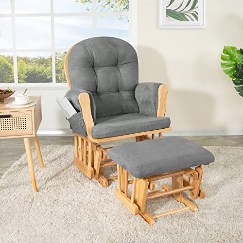 Nursery Glider & Ottoman Sets, Reclining Swivel Glider Rocker with Ottoman, Nursery Rocking Chair for Baby Room, Upholstered Nursery Recliner Glider with Ottoman, Padded Arms - Pecan, Dark Gray