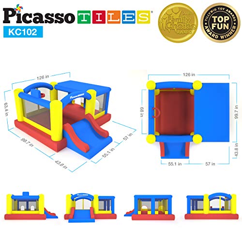 PicassoTiles [Upgrade Version] KC102 12x10 Foot Inflatable Bouncer Jumping Bouncing House, Jump Slide, Dunk Playhouse w/ Basketball Rim, 4 Sports Balls, Full-Size Entry, 580W ETL Certified Blower