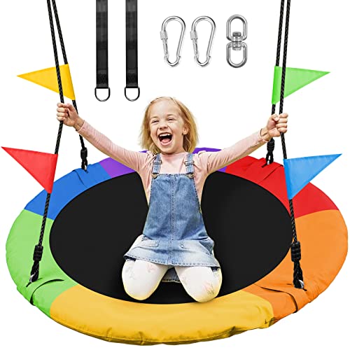 Odoland 40 inch Kid Round Color Tree Swing, Chidren Platform Rope Swing, Outdoor Flying Saucer SwingSeat with Adjustable Hanging Ropes for Indoor, Backyard, Playground and Amusement Park
