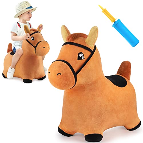 iPlay, iLearn Brown Hopping Horse, Inflatable Ride on Animal Hopper Toys, Indoor Outdoor Bouncy Riding, Plush Cover W/ Pump, Jump Active Gifts for 18 24 Month, 2 3 4 5 Year Olds Kids Toddler Boy Girl