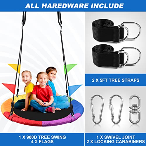 Odoland 40 inch Kid Round Color Tree Swing, Chidren Platform Rope Swing, Outdoor Flying Saucer SwingSeat with Adjustable Hanging Ropes for Indoor, Backyard, Playground and Amusement Park