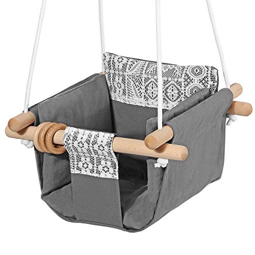 Mlian Secure Canvas and Wooden Baby Hanging Swing Seat Chair Indoor and Outdoor Hammock, Backyard Outside Swing Kids Toys Swings Set 6-36 Months (Grey)