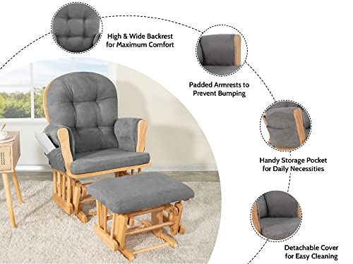 Nursery Glider & Ottoman Sets, Reclining Swivel Glider Rocker with Ottoman, Nursery Rocking Chair for Baby Room, Upholstered Nursery Recliner Glider with Ottoman, Padded Arms - Pecan, Dark Gray