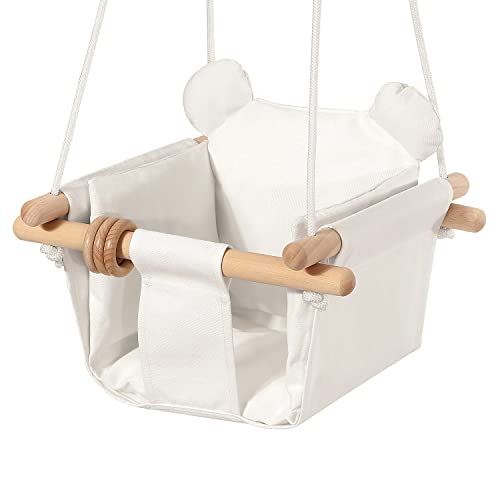 Mlian Secure Canvas and Wooden Baby Hanging Swing Seat Chair Indoor and Outdoor Hammock, Backyard Outside Swing Kids Toys Swings 6-36 Months with Bear Ear Decor (White)