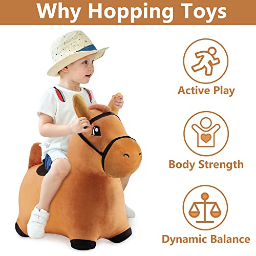 iPlay, iLearn Brown Hopping Horse, Inflatable Ride on Animal Hopper Toys, Indoor Outdoor Bouncy Riding, Plush Cover W/ Pump, Jump Active Gifts for 18 24 Month, 2 3 4 5 Year Olds Kids Toddler Boy Girl