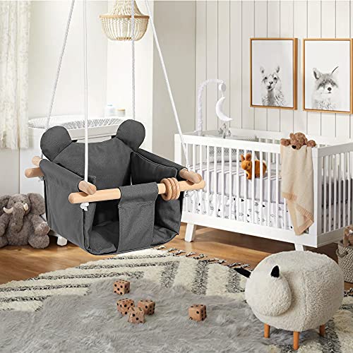 Mlian Secure Canvas and Wooden Baby Hanging Swing Seat Chair Indoor and Outdoor Hammock, Backyard Outside Swing Kids Toys Swings Set 6-36 Months Bear Ear Decor