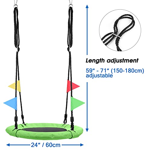 Odoland 24 inch Children Tree Swing SwingSeat, Outdoor Saucer Rope Swing Platform Swing for Kid, Round Swingset wirh Adjustable Hanging Ropes for Indoor, Backyard and Playground Green