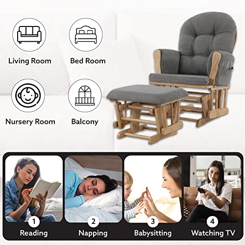 Nursery Glider & Ottoman Sets, Reclining Swivel Glider Rocker with Ottoman, Nursery Rocking Chair for Baby Room, Upholstered Nursery Recliner Glider with Ottoman, Padded Arms - Pecan, Dark Gray