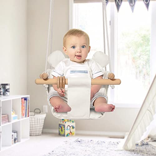 Mlian Secure Canvas and Wooden Baby Hanging Swing Seat Chair Indoor and Outdoor Hammock, Backyard Outside Swing Kids Toys Swings 6-36 Months with Bear Ear Decor (White)