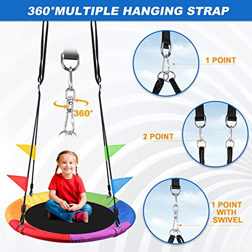 Odoland 40 inch Kid Round Color Tree Swing, Chidren Platform Rope Swing, Outdoor Flying Saucer SwingSeat with Adjustable Hanging Ropes for Indoor, Backyard, Playground and Amusement Park