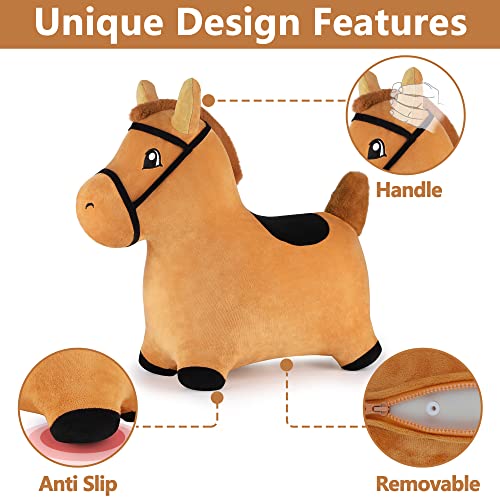 iPlay, iLearn Brown Hopping Horse, Inflatable Ride on Animal Hopper Toys, Indoor Outdoor Bouncy Riding, Plush Cover W/ Pump, Jump Active Gifts for 18 24 Month, 2 3 4 5 Year Olds Kids Toddler Boy Girl