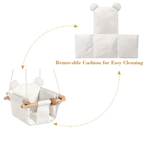 Mlian Secure Canvas and Wooden Baby Hanging Swing Seat Chair Indoor and Outdoor Hammock, Backyard Outside Swing Kids Toys Swings 6-36 Months with Bear Ear Decor (White)