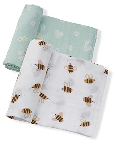 Nightingale Baby Swaddle Blankets - Organic Bamboo Muslin Swaddle Blankets Unisex - Silky Soft, Lightweight, Breathable, Large 47 x 47 in, 70% Bamboo/30% Cotton - 2 Pack (Daisy/Bee)