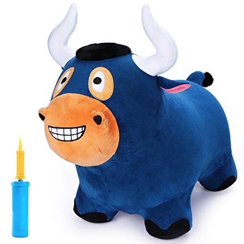 iPlay, iLearn Bouncy Bull Hopping Horse, Inflatable Animal Ride on Toys, Plush Farm Bouncer, Indoors n Outdoors Hopper W/ Pump, Birthday Gifts for 18 24 Month 2 3 4 5 Year Olds Toddler Kids Boys Girls