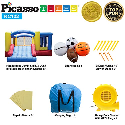 PicassoTiles [Upgrade Version] KC102 12x10 Foot Inflatable Bouncer Jumping Bouncing House, Jump Slide, Dunk Playhouse w/ Basketball Rim, 4 Sports Balls, Full-Size Entry, 580W ETL Certified Blower