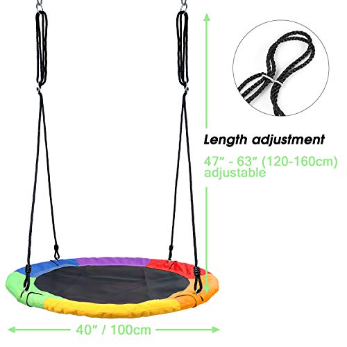 Odoland 40 inch Kid Round Color Tree Swing, Chidren Platform Rope Swing, Outdoor Flying Saucer SwingSeat with Adjustable Hanging Ropes for Indoor, Backyard, Playground and Amusement Park