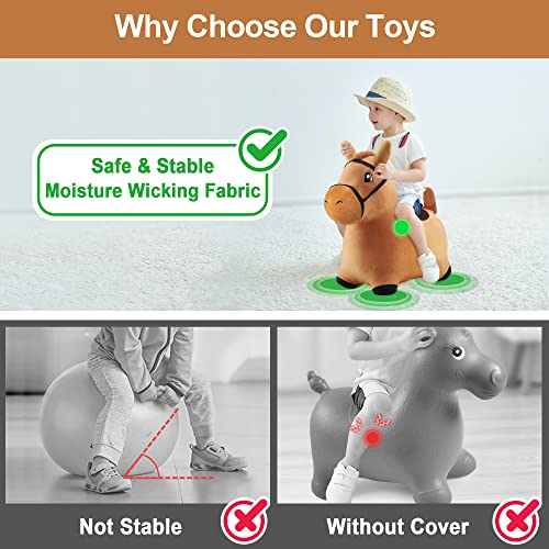iPlay, iLearn Brown Hopping Horse, Inflatable Ride on Animal Hopper Toys, Indoor Outdoor Bouncy Riding, Plush Cover W/ Pump, Jump Active Gifts for 18 24 Month, 2 3 4 5 Year Olds Kids Toddler Boy Girl